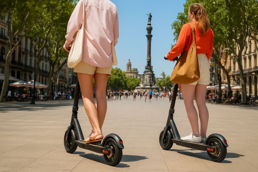patienete electrico cataluña seguro obligatorio dos mujeres usando patinete electrico en la rambla de barcelona